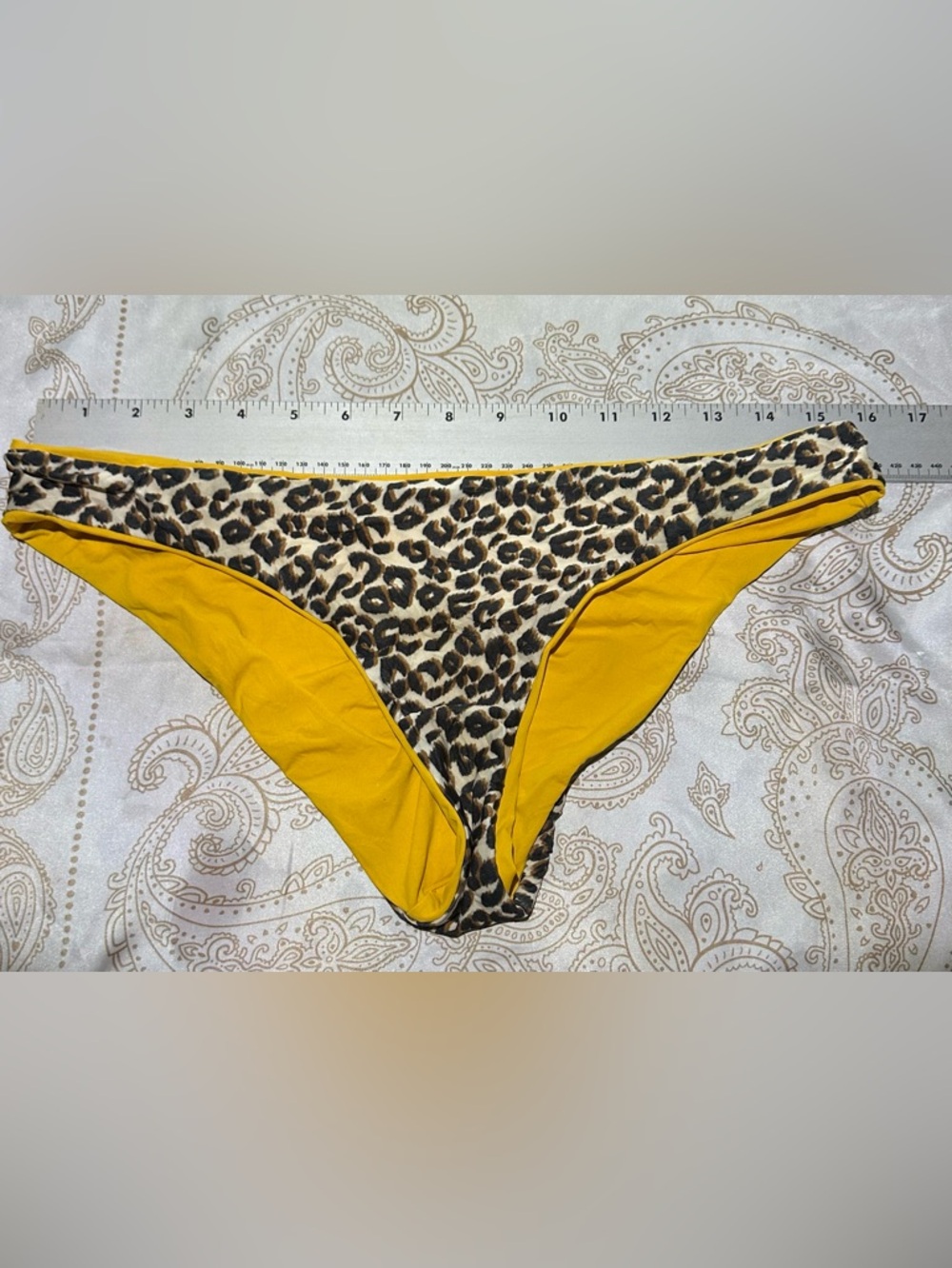 Reversible Leopard Print/Mustard Yellow Bikini Bottom High Waist Trim Large